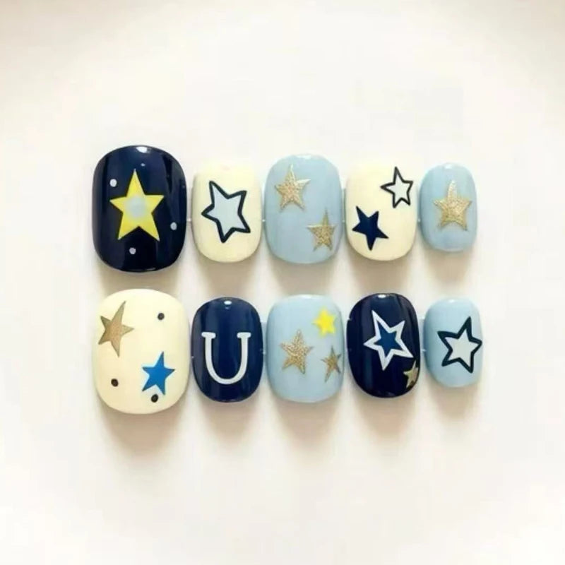 Navy, Pale Blue & Ivory Star Press On Nails