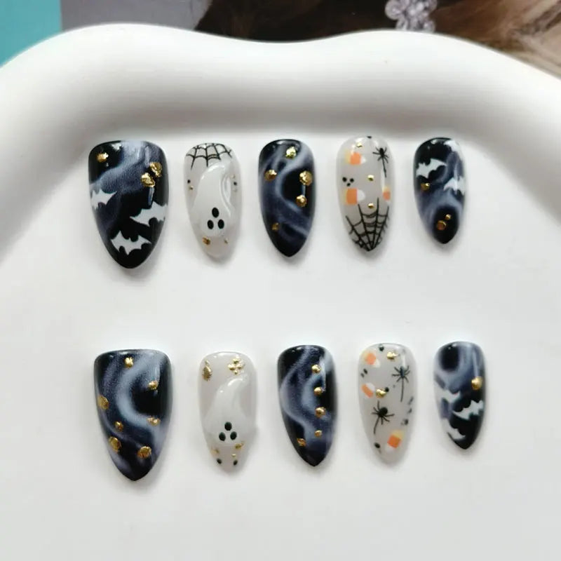 Navy Smoky Shimmer Halloween Press-On Nails With Ghosts and Spiderwebs