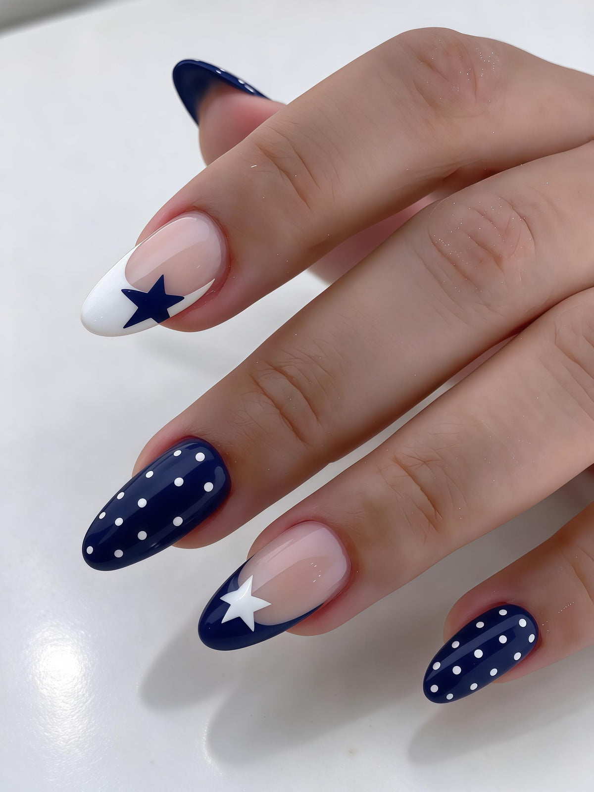 Navy Star and Polka Dot French Tip Press On Nails