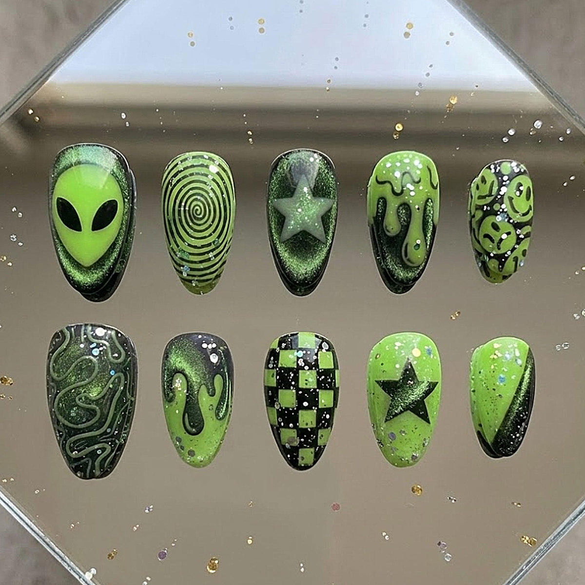 Neon Green Alien and Cosmic Nail Set with Checkerboard, Stars, and Slime Drips
