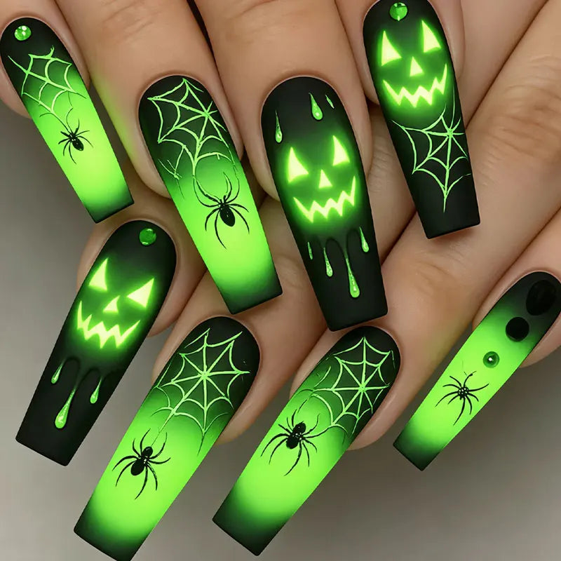 Neon Green and Black Halloween Nails with Jack-O'-Lanterns and Spiderwebs