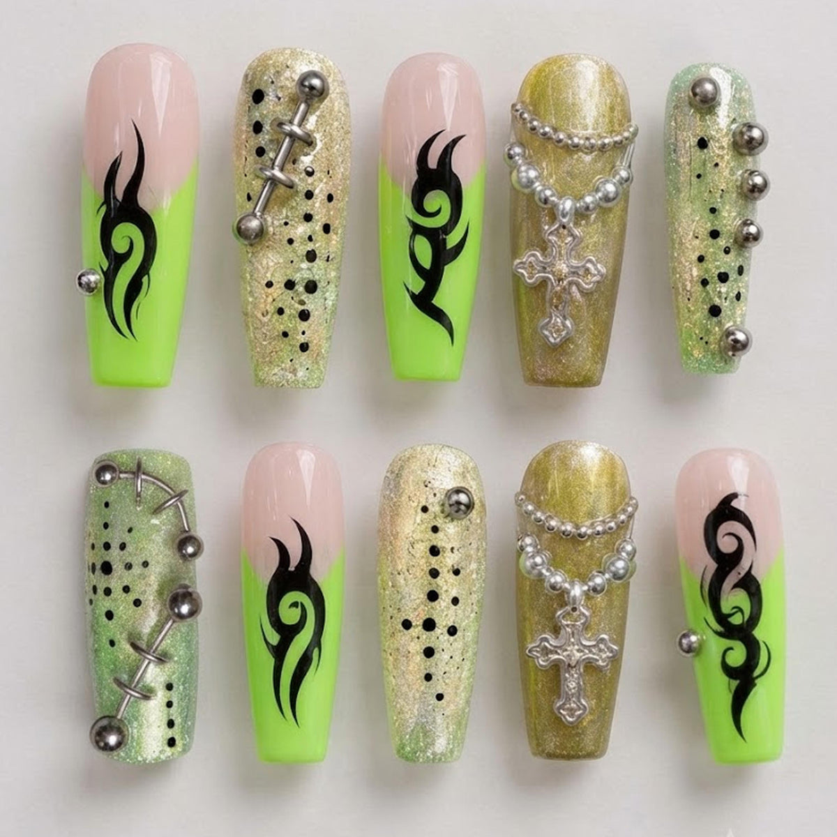 Neon Green French Tip Nails with Black Tribal Flames and Cross Charms