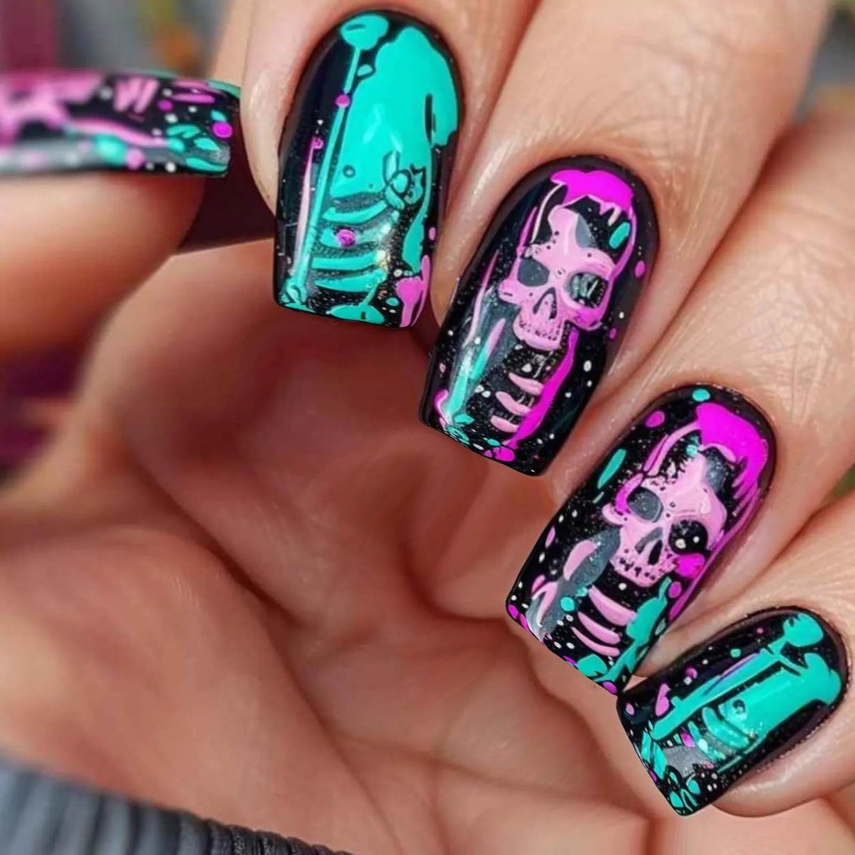 Neon Skeleton Halloween Press-On Nails in Black, Turquoise, and Magenta