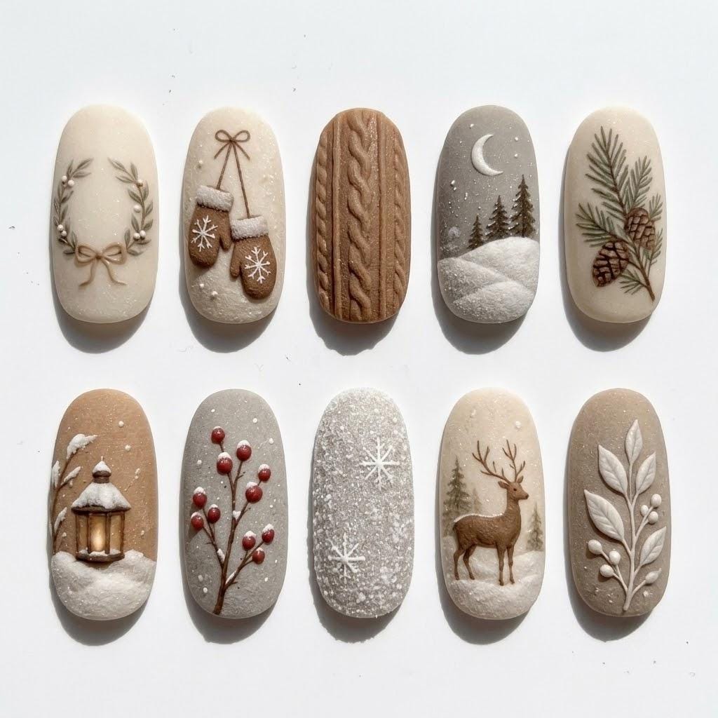Neutral Christmas Winter Woodland Press-On Nails With Knit Texture, Deer, and Moon