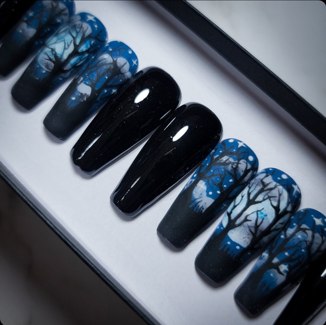 Nightfall Glow-in-the-Dark Blue Tree Press-On Nail Set