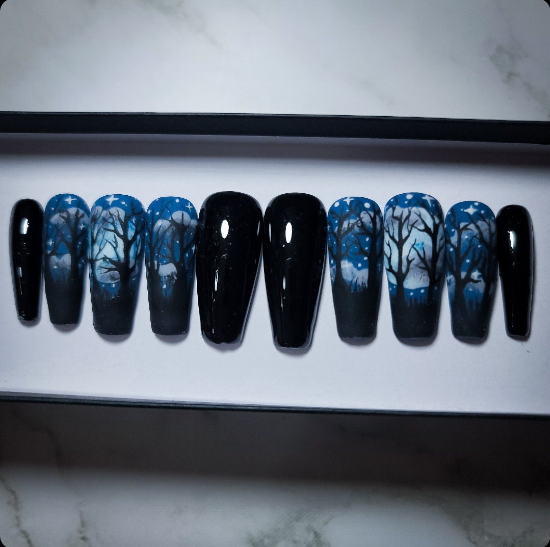 Nightfall Glow-in-the-Dark Blue Tree Press-On Nail Set