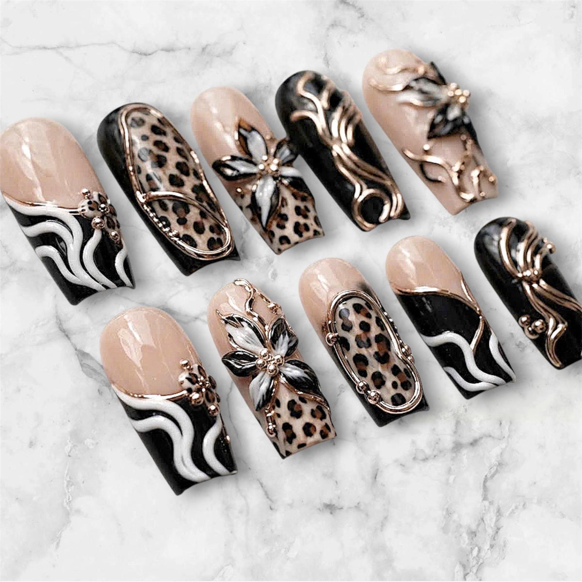 Nude and Black Leopard Print Nails with Raised Silver Floral Details