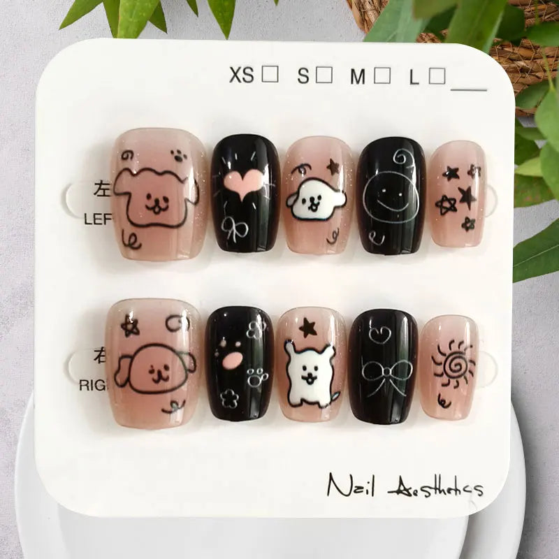 Nude and Black Puppy Doodle Press On Nails with Bows, Hearts and Stars