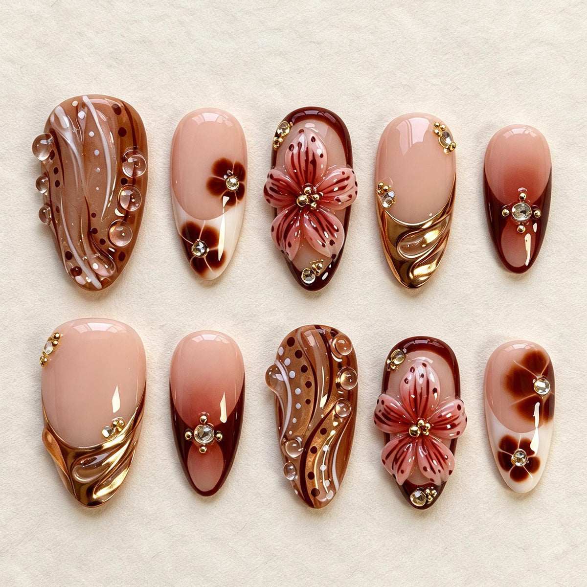 Nude and Brown Floral Press-On Nails with 3D Flowers and Gold Chrome