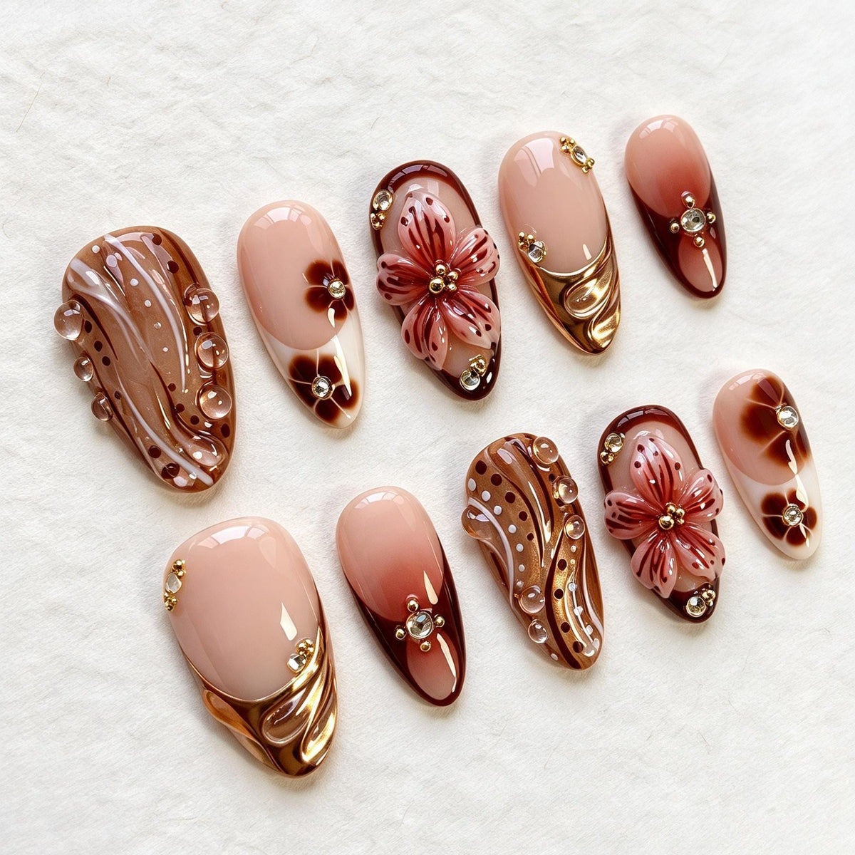 Nude and Brown Floral Press-On Nails with 3D Flowers and Gold Chrome