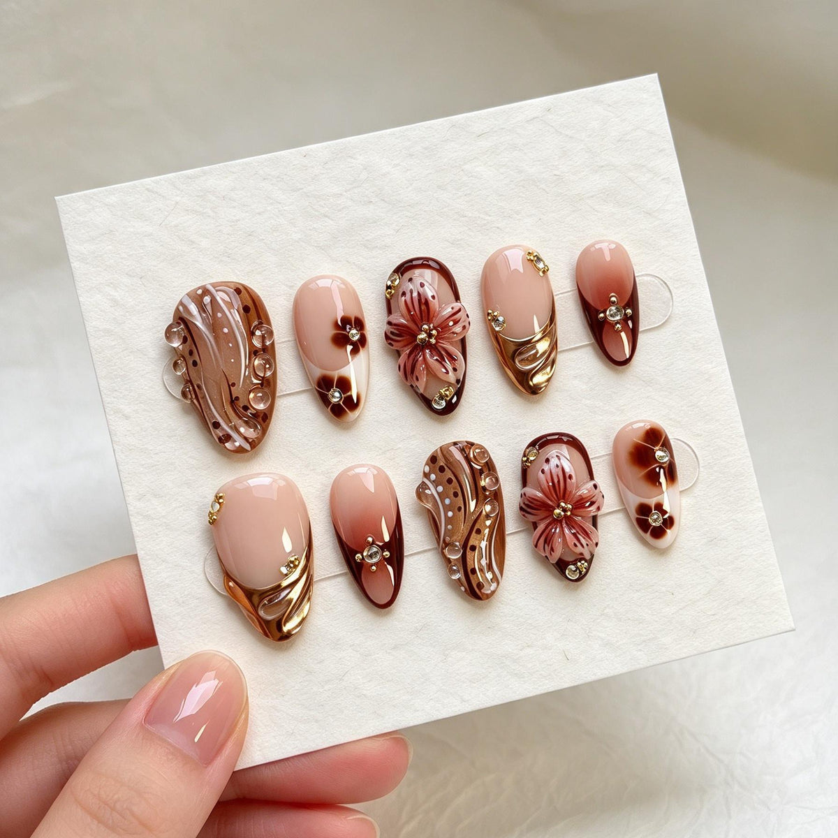 Nude and Brown Floral Press-On Nails with 3D Flowers and Gold Chrome