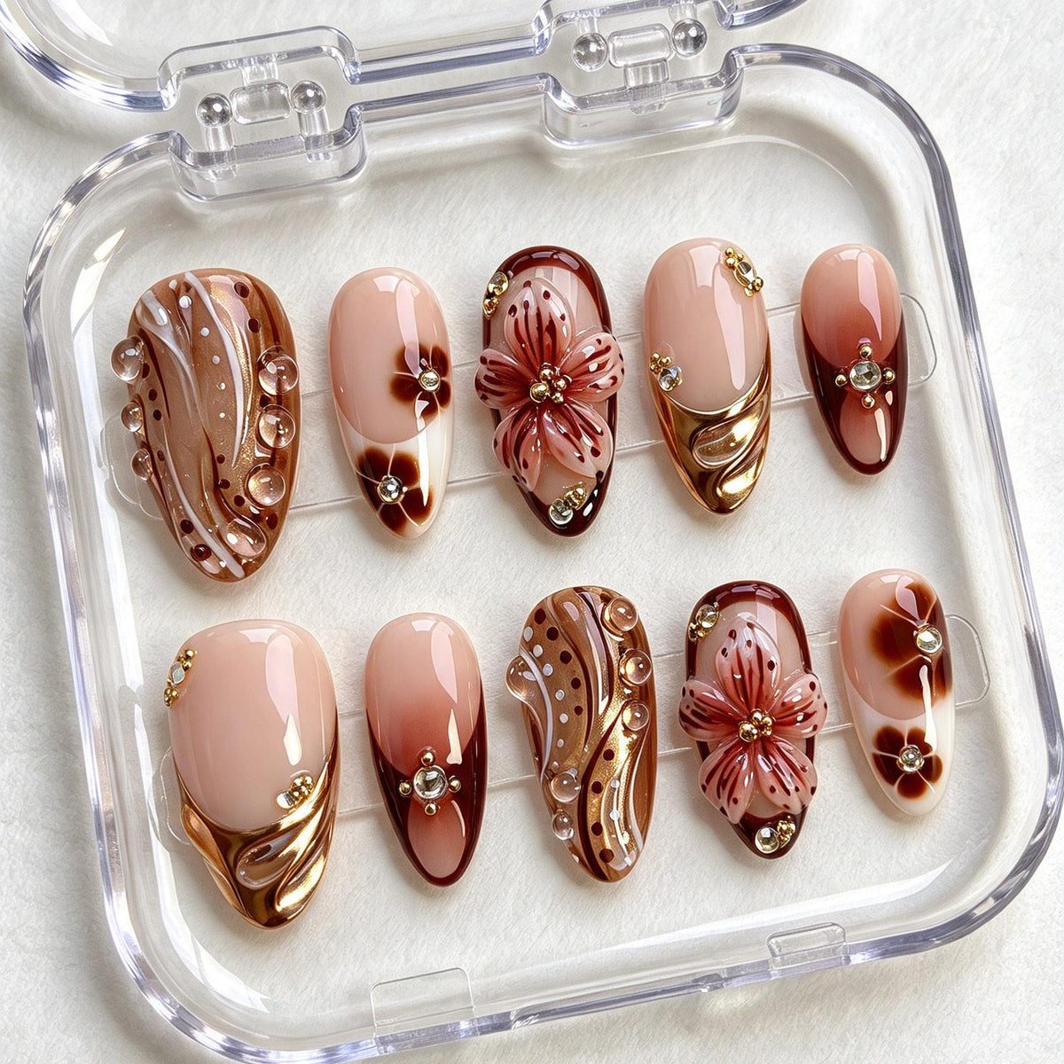 Nude and Brown Floral Press-On Nails with 3D Flowers and Gold Chrome