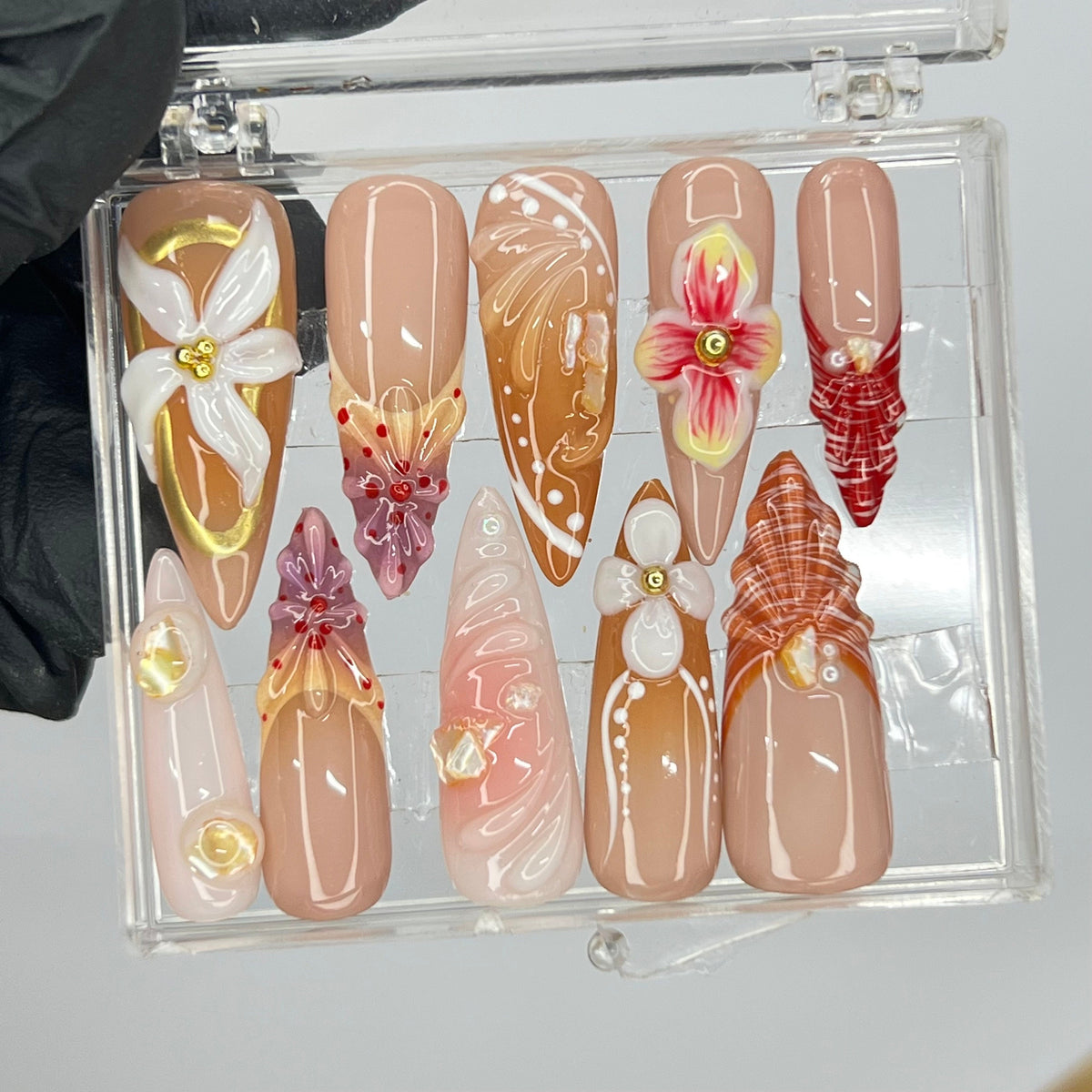 Nude and Caramel Floral Press On Nails with Sculpted Flowers and Gold Accents