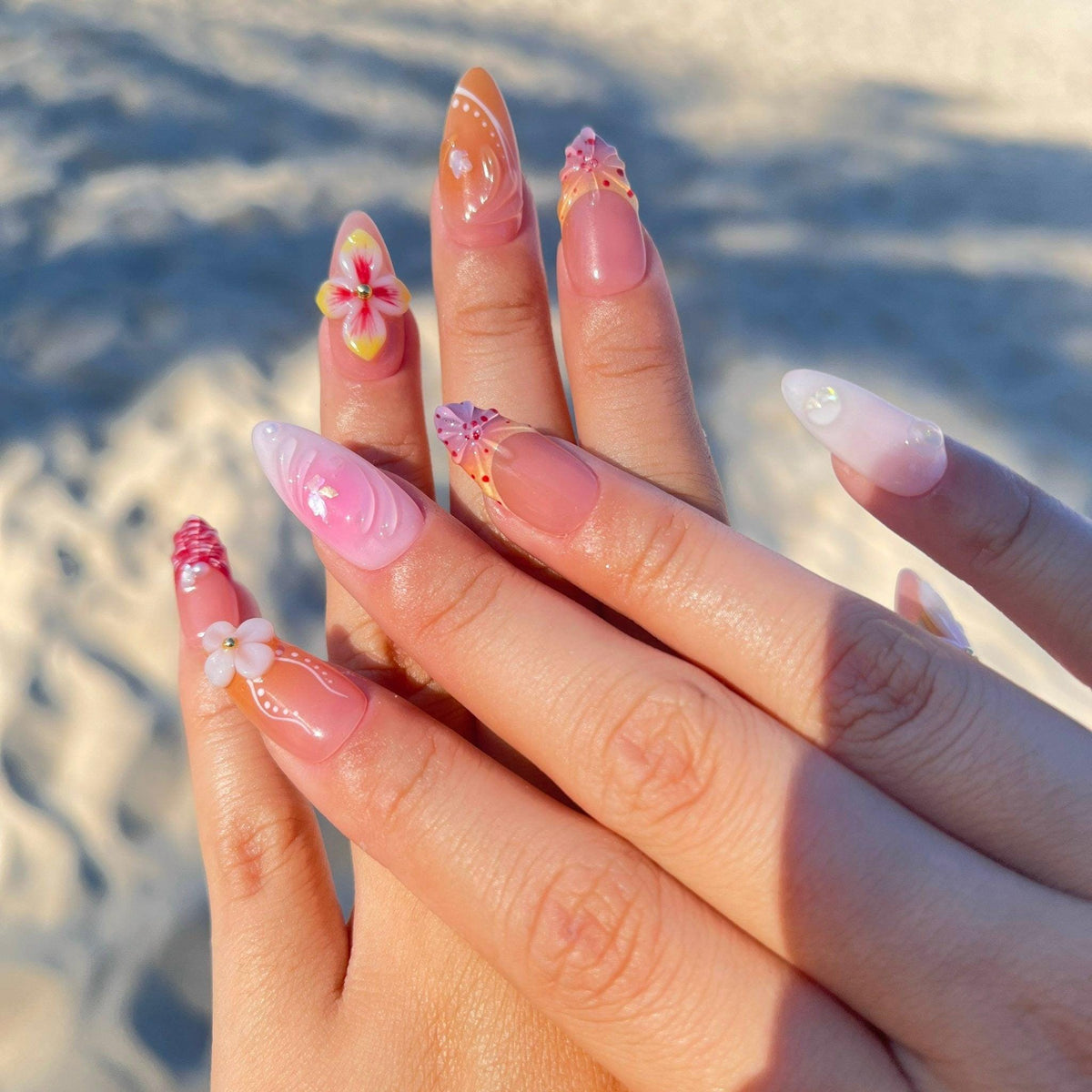 Nude and Caramel Floral Press On Nails with Sculpted Flowers and Gold Accents