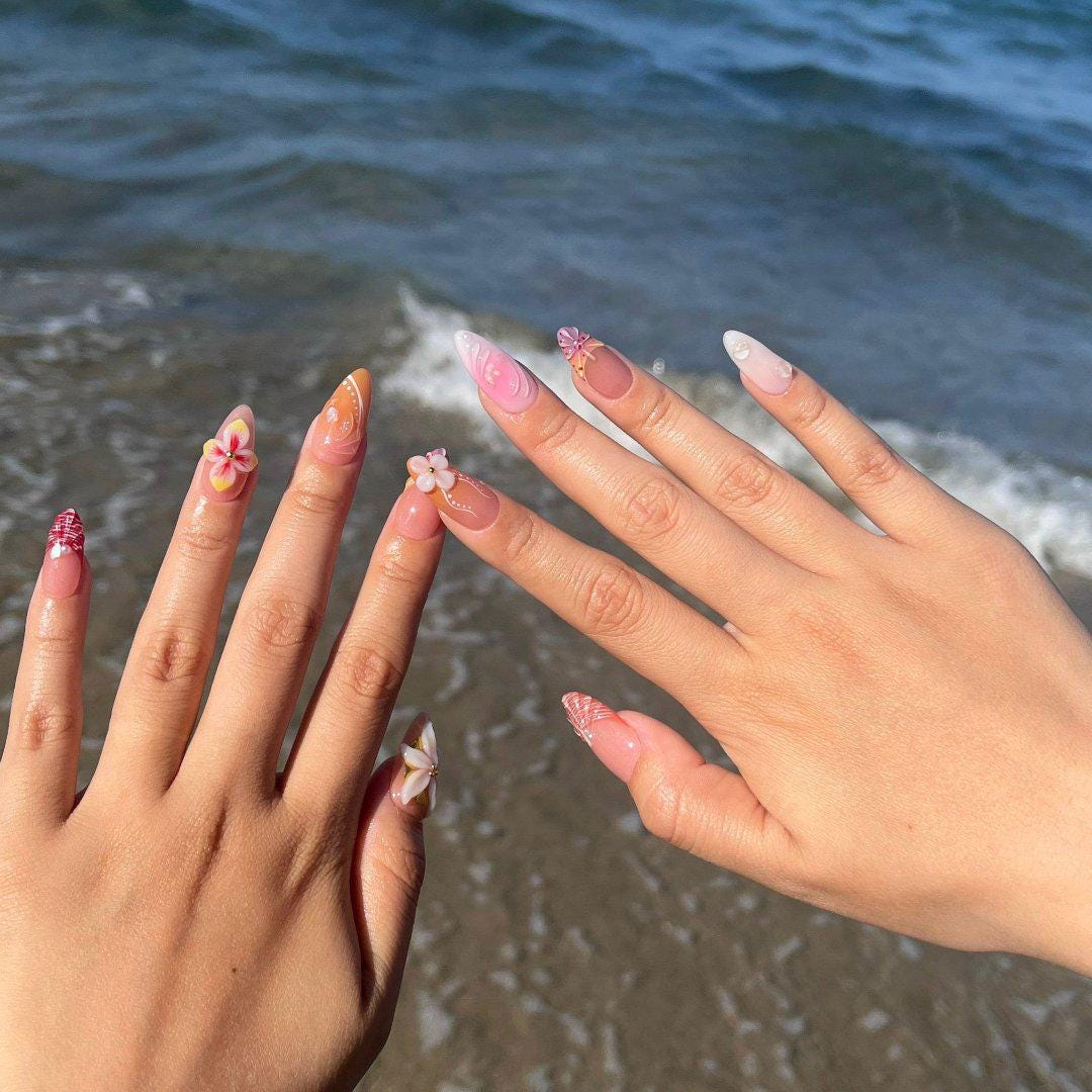 Nude and Caramel Floral Press On Nails with Sculpted Flowers and Gold Accents