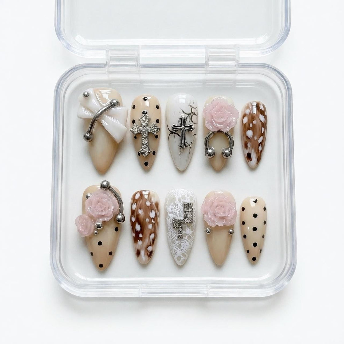 Nude and White Y2K Rose Press-On Nails With Tortoiseshell, Polka Dots, and Silver Details