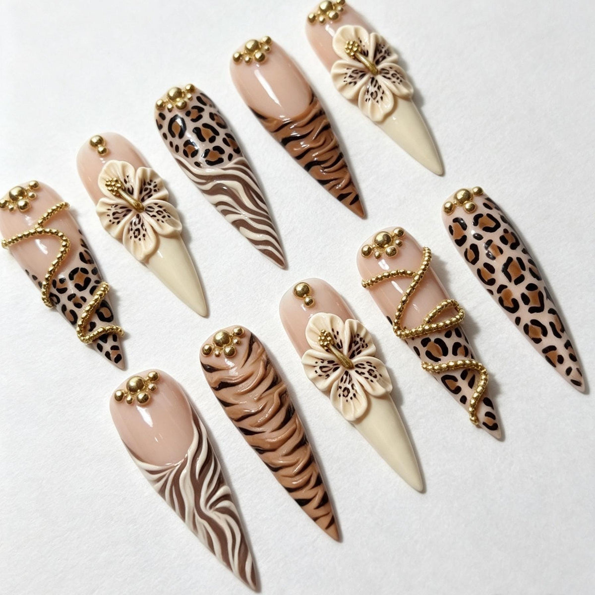 Nude Animal Print Nails With 3D Hibiscus Flowers and Gold Bead Details