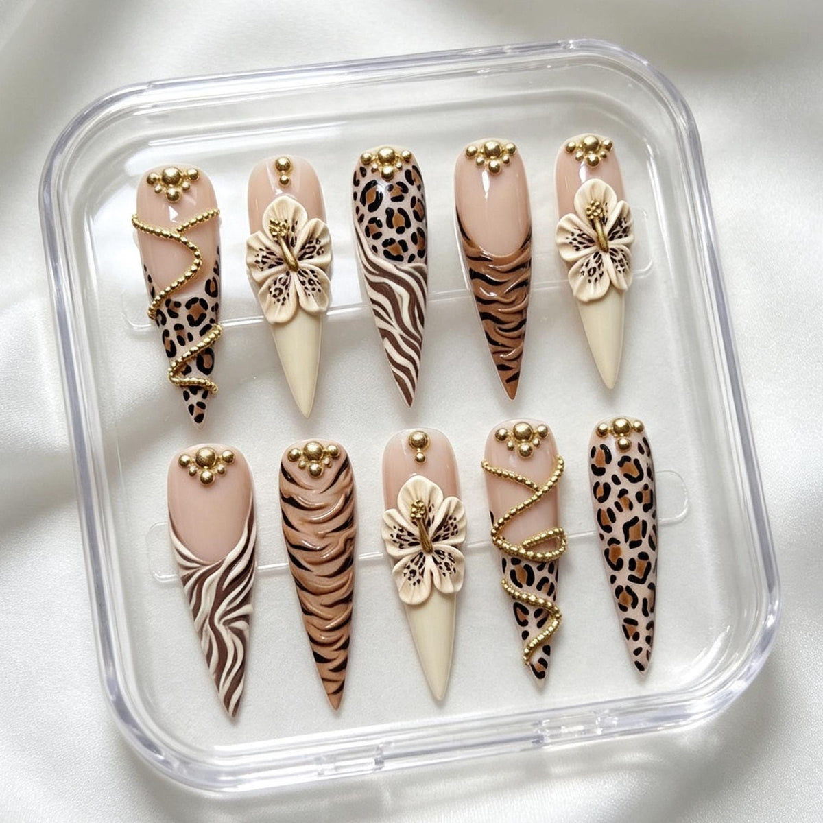 Nude Animal Print Nails With 3D Hibiscus Flowers and Gold Bead Details