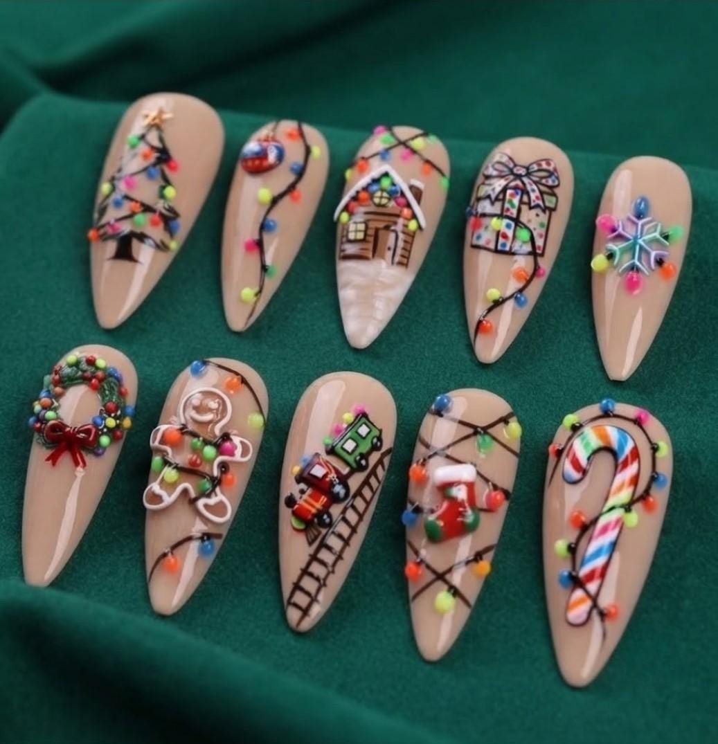 Nude Beige Christmas Nails With Holiday Lights, Gingerbread, Trees and Candy Cane