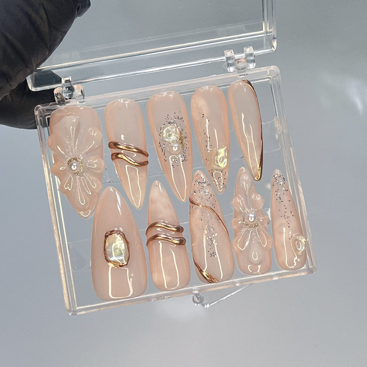 Nude Beige Floral Press-On Nails With Gold Swirls and Gem Accents