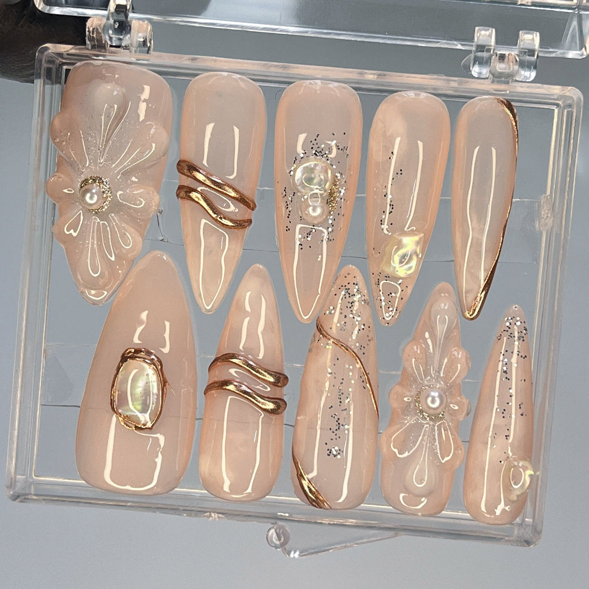Nude Beige Floral Press-On Nails With Gold Swirls and Gem Accents