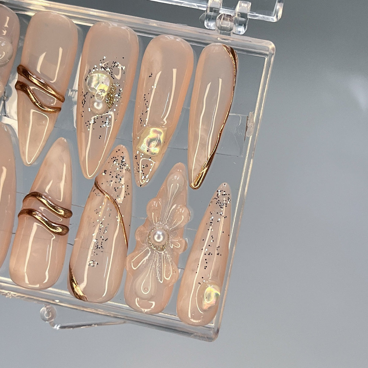 Nude Beige Floral Press-On Nails With Gold Swirls and Gem Accents