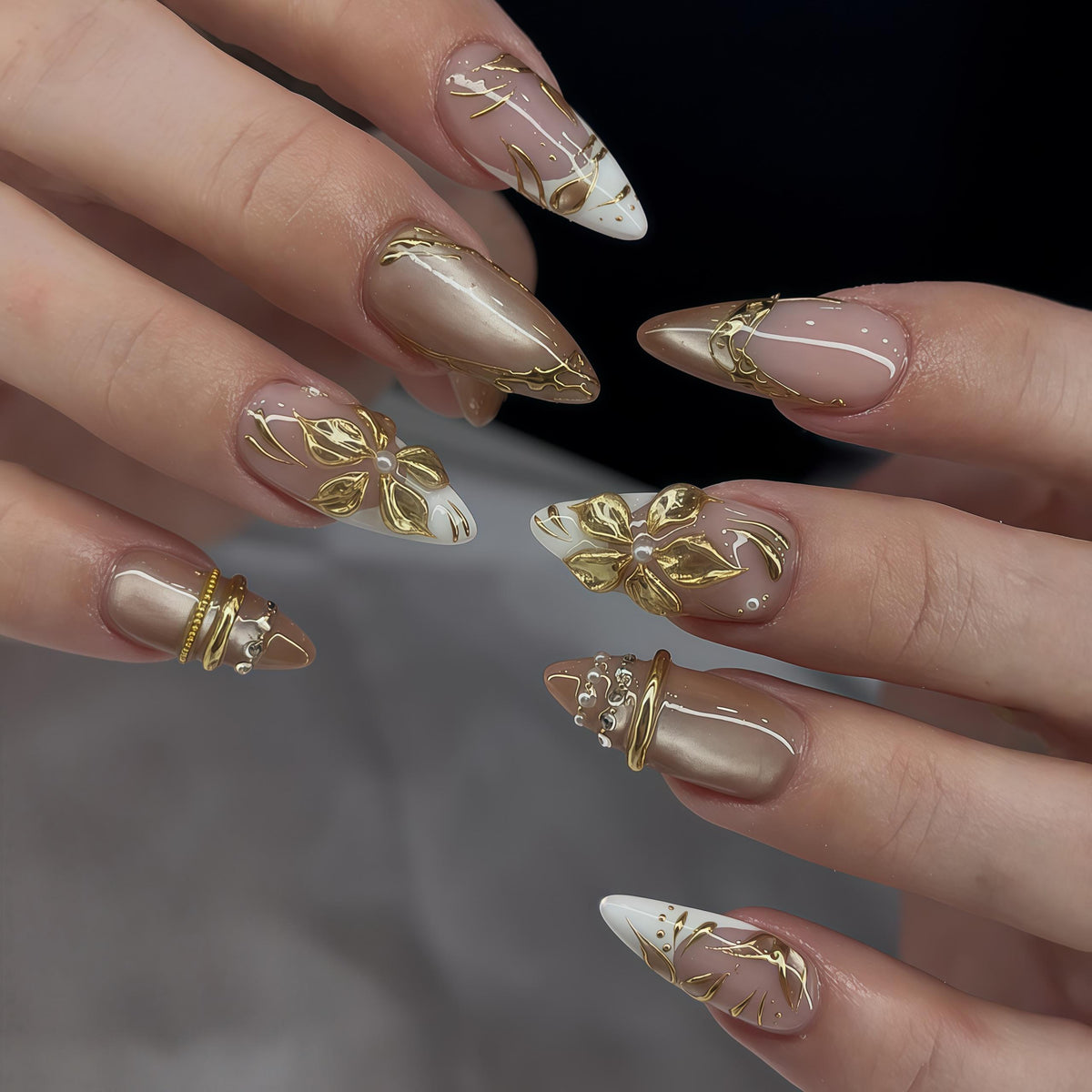 Nude Beige Press On Nails With Sculpted Gold Flowers and White Tips