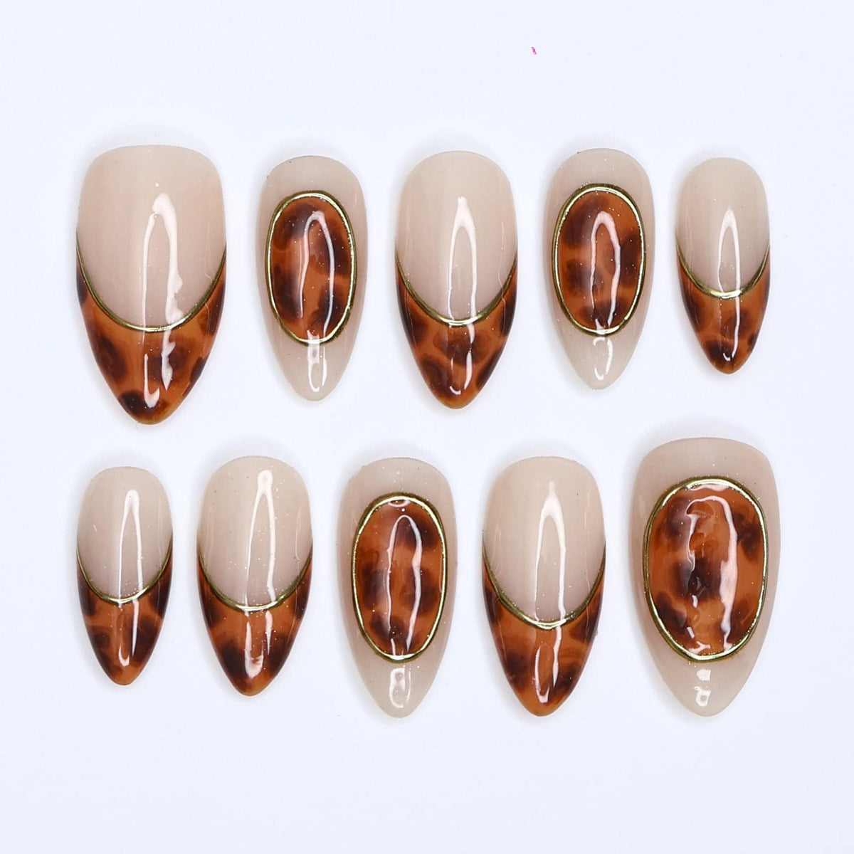 Nude Beige Tortoiseshell Press-On Nails with Fine Gold Outlines