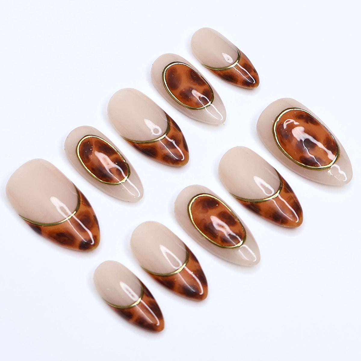 Nude Beige Tortoiseshell Press-On Nails with Fine Gold Outlines