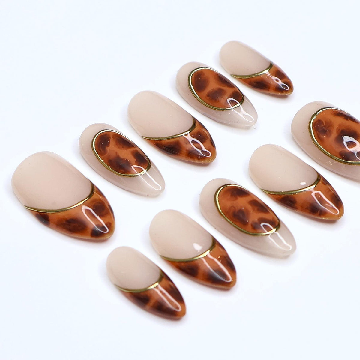 Nude Beige Tortoiseshell Press-On Nails with Fine Gold Outlines