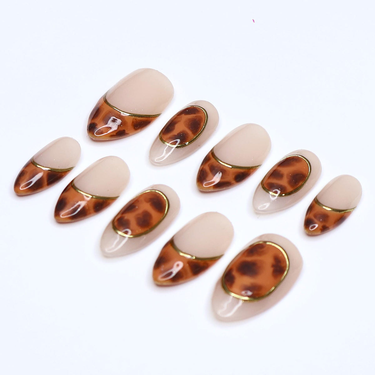 Nude Beige Tortoiseshell Press-On Nails with Fine Gold Outlines