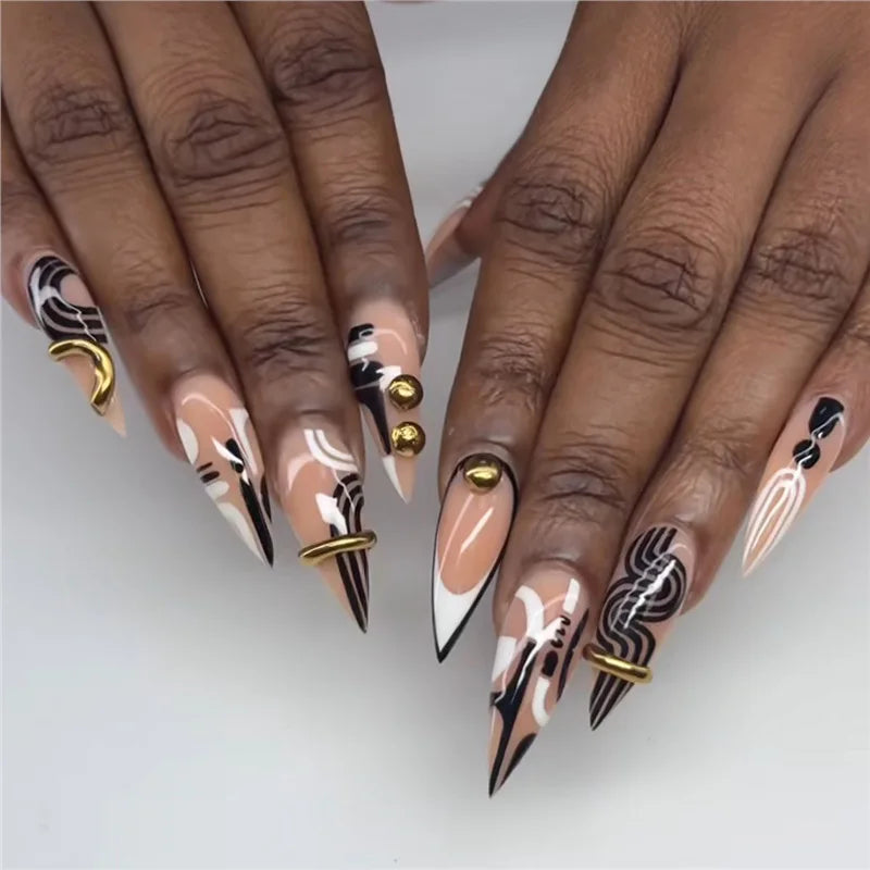 Nude, Black and White Abstract Nails with Gold-Tone Accents