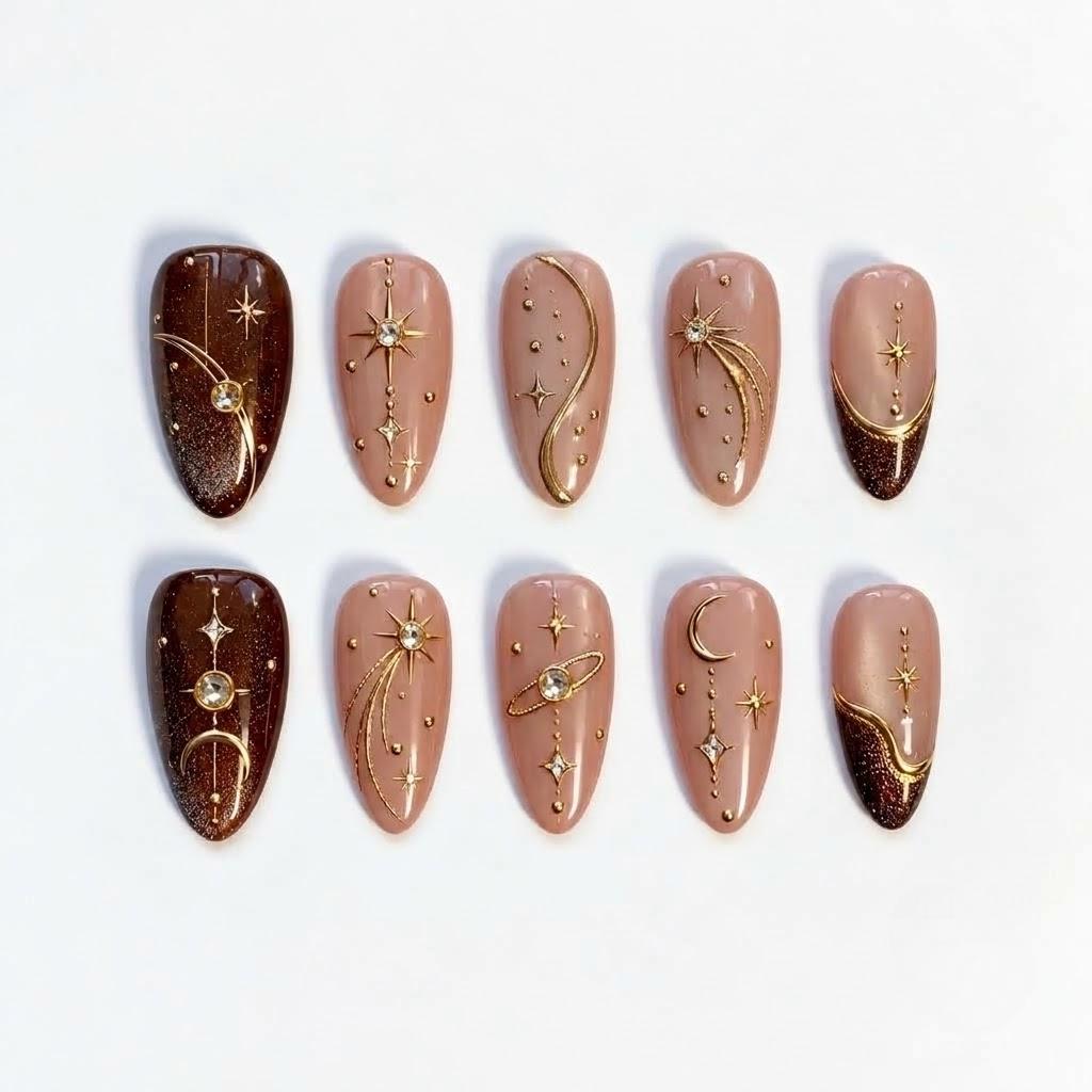 Nude Blush and Brown Celestial Star and Moon Nail Set with Gold Details