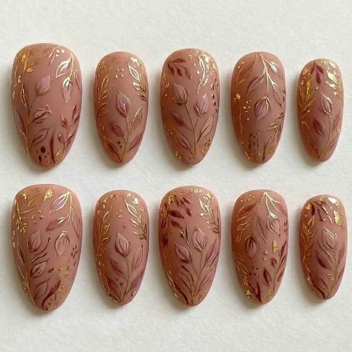 Nude Brown Botanical Press On Nails With Fine Gold Leaf Details