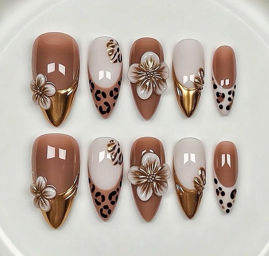Nude Brown Leopard Print Nails With Gold French Tips and 3D Flowers