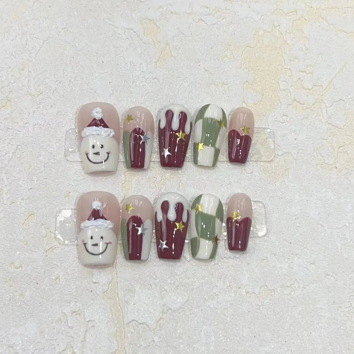 Nude, Burgundy & Green Snowman Christmas Nail Set
