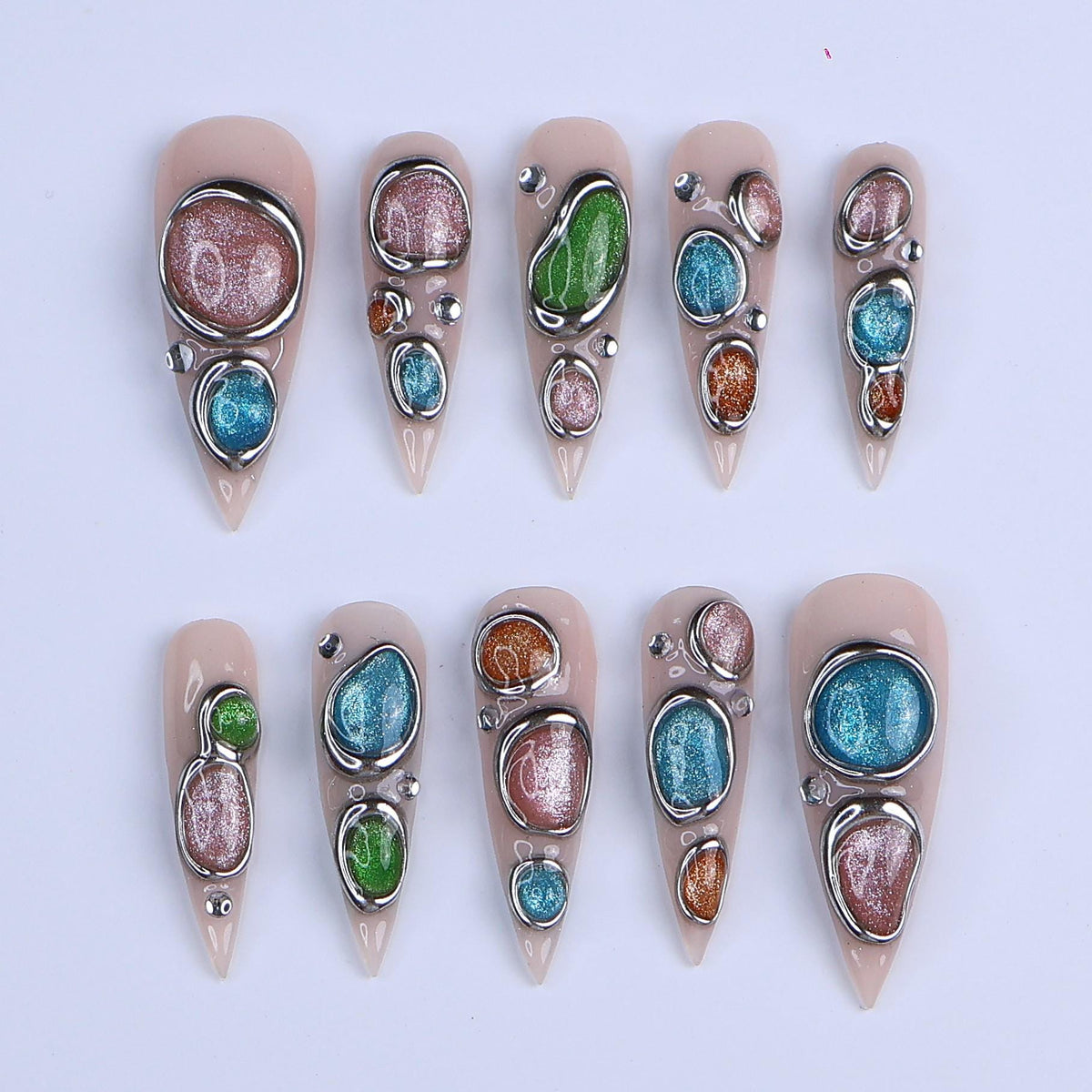 Nude Cat Eye Press-On Nails with Multicolor Chrome Frames