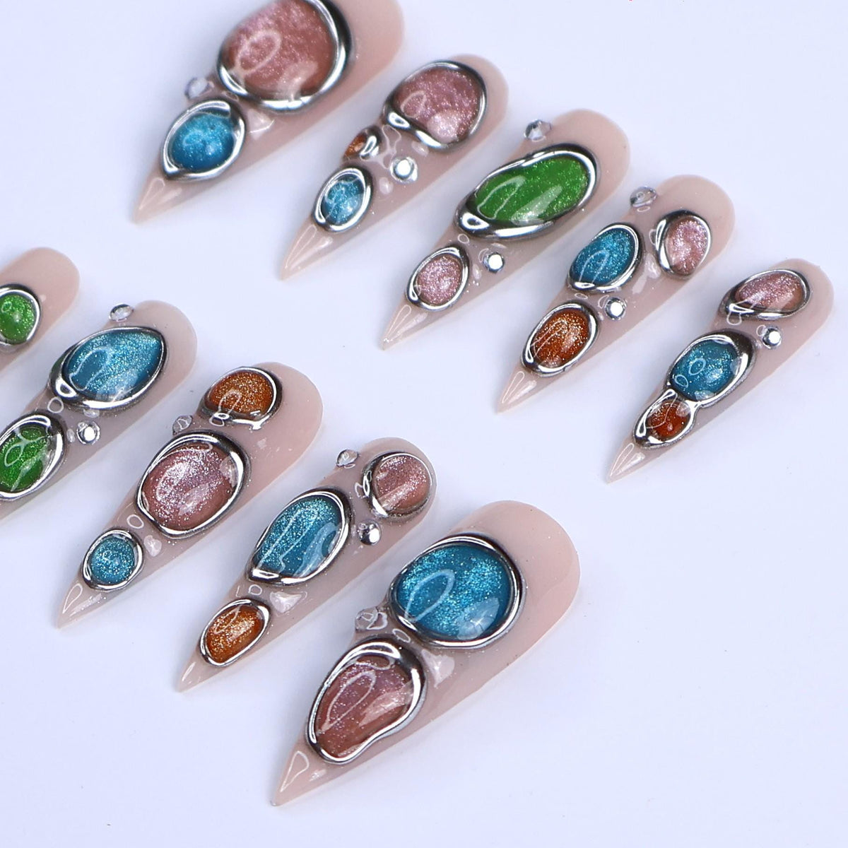 Nude Cat Eye Press-On Nails with Multicolor Chrome Frames