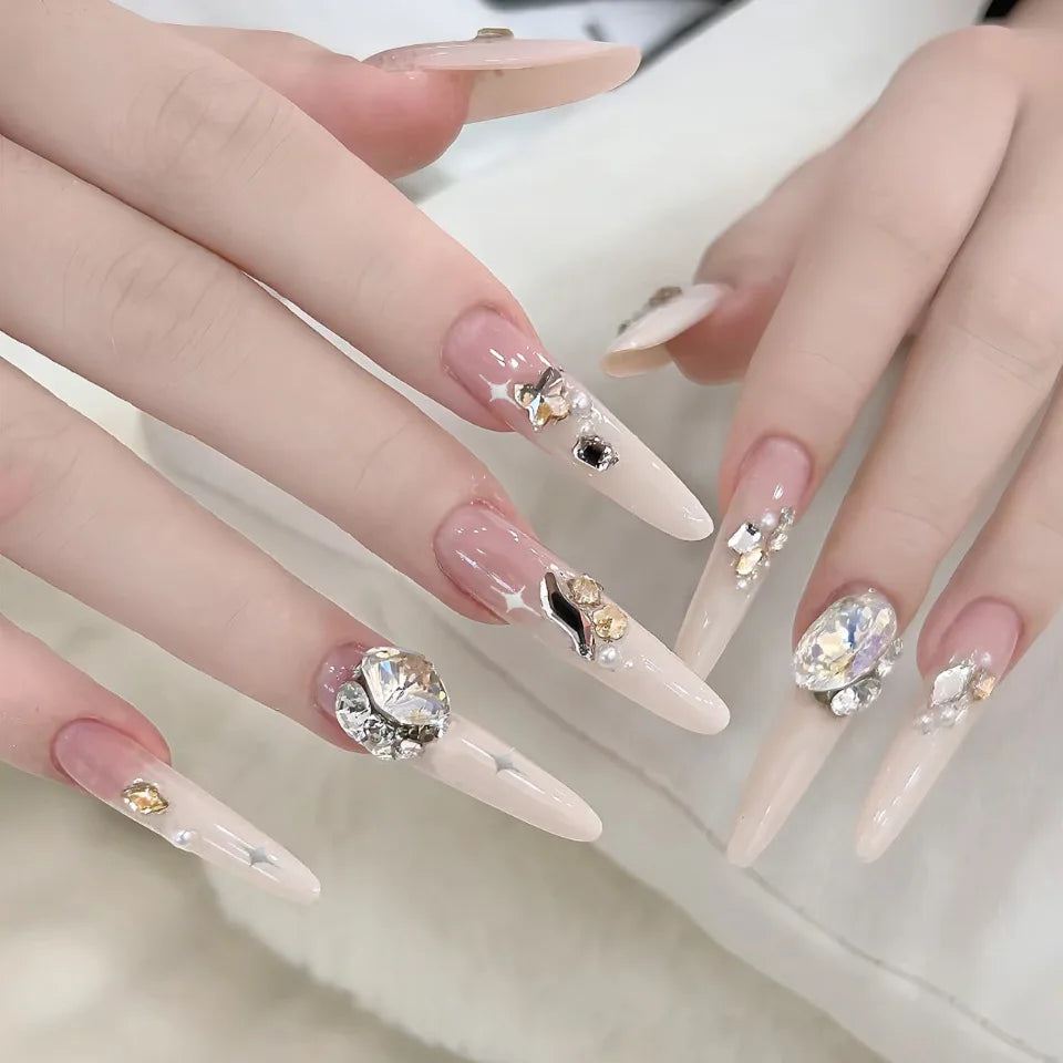 Nude French Tip Press On Nails with Clear Rhinestones and Metallic Accents