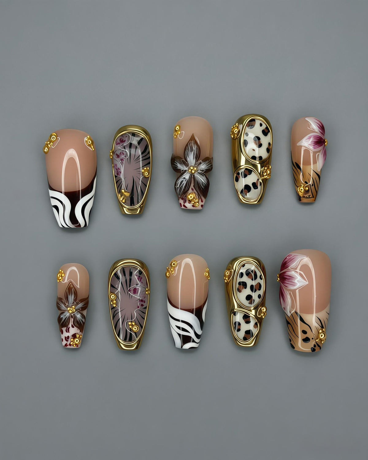 Nude Leopard Print and Floral Press On Nails with Wavy Tips and Gold Frames