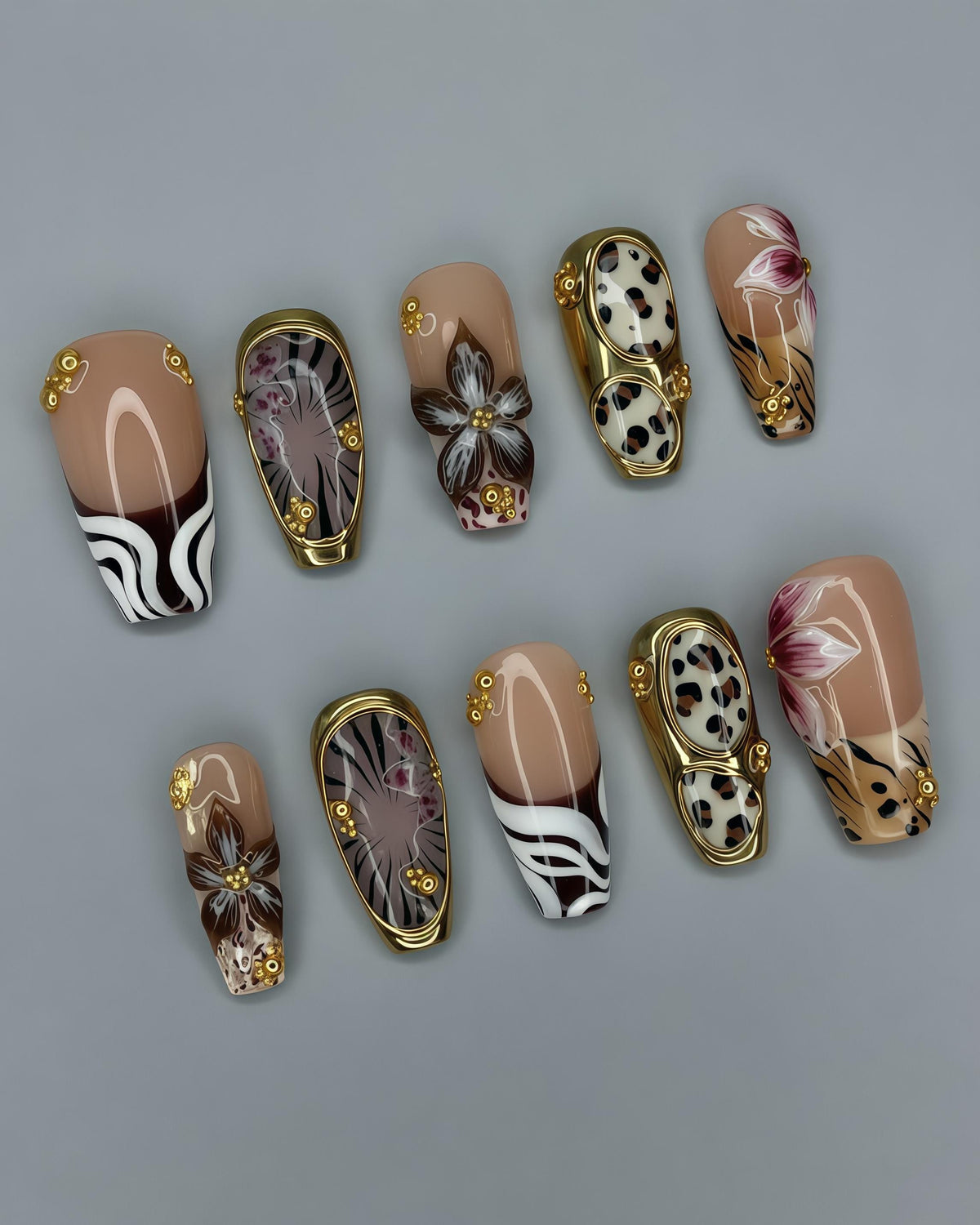 Nude Leopard Print and Floral Press On Nails with Wavy Tips and Gold Frames