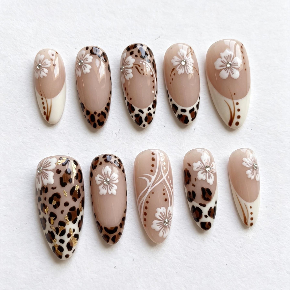Nude Leopard Print and White Floral French Tip Nail Set