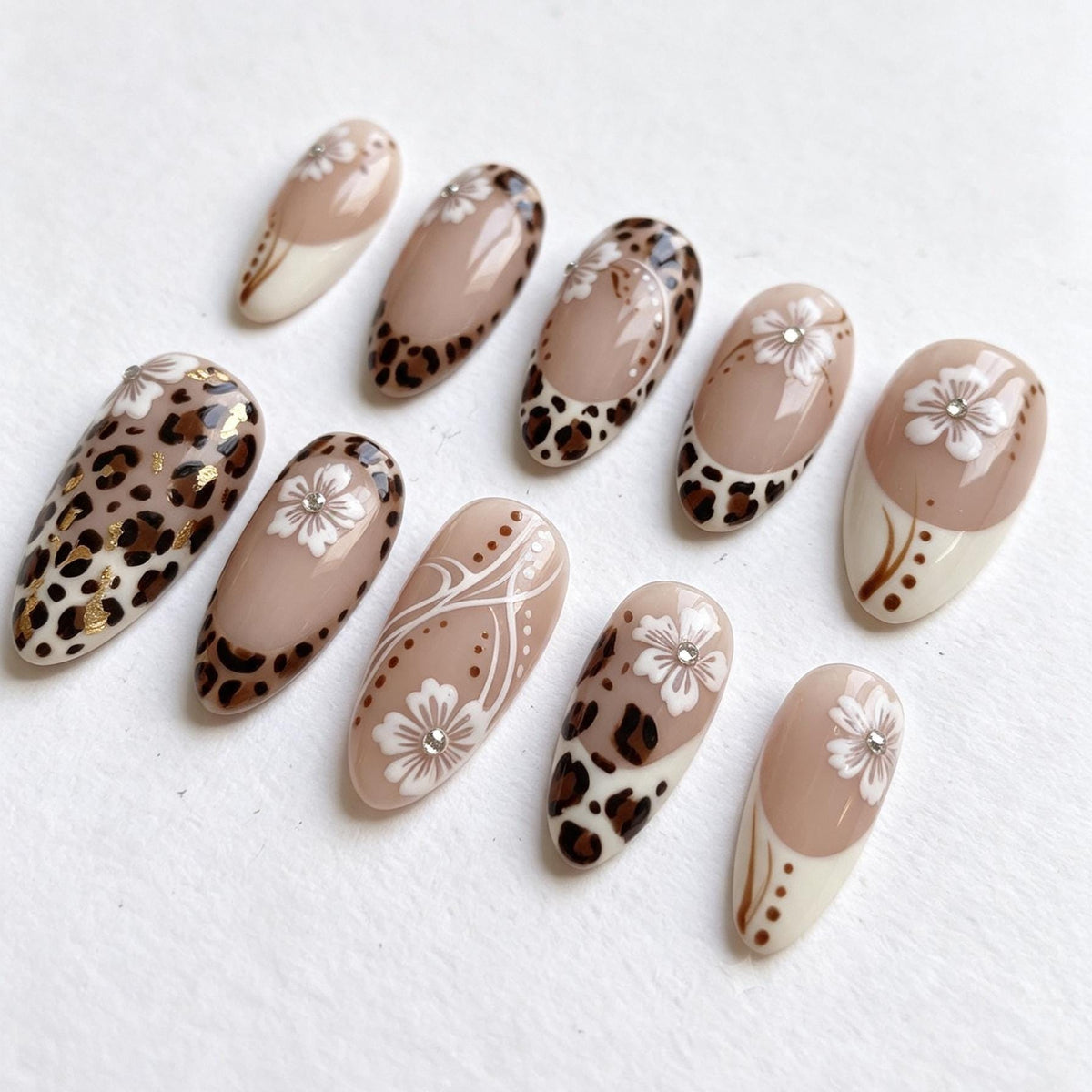 Nude Leopard Print and White Floral French Tip Nail Set