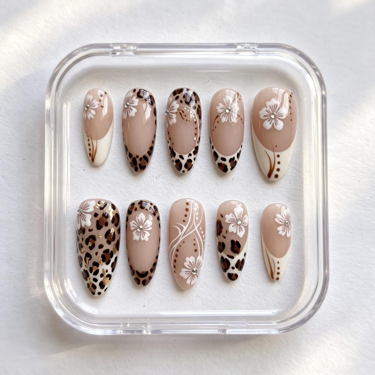 Nude Leopard Print and White Floral French Tip Nail Set