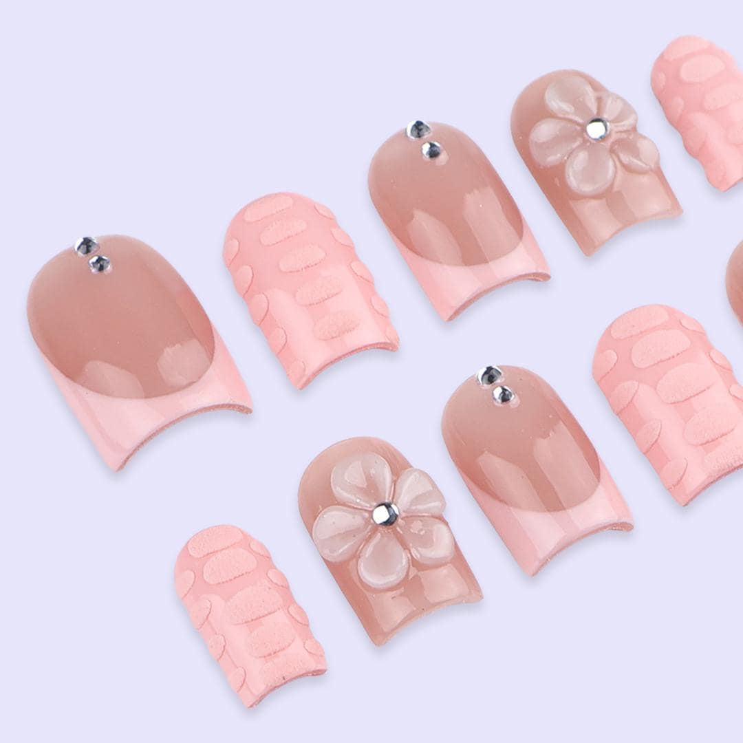 Nude Peach and Blush Pink Floral Press-On Nail Set with 3D Flowers