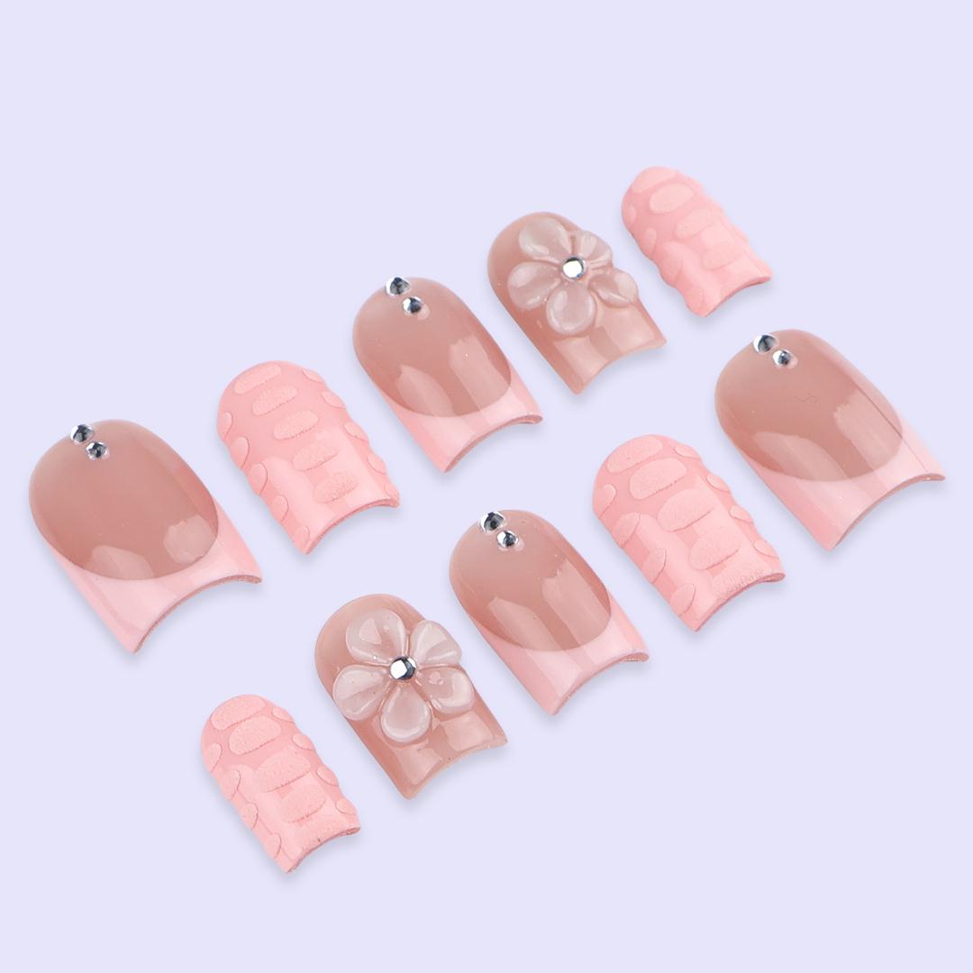 Nude Peach and Blush Pink Floral Press-On Nail Set with 3D Flowers