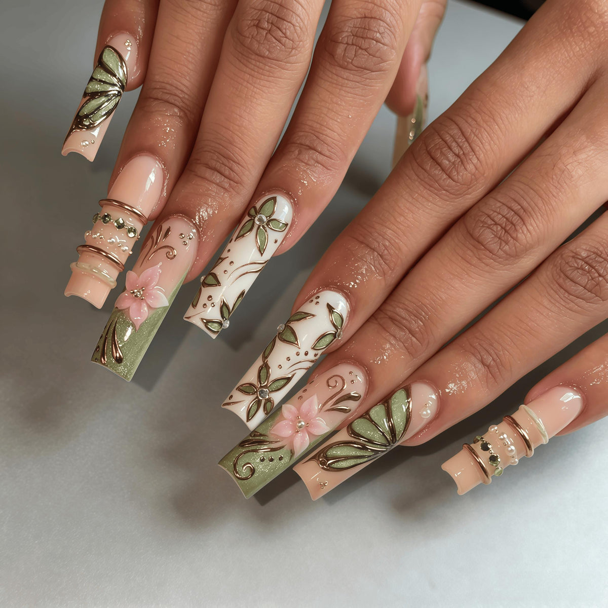 Nude Peach Butterfly Floral Nails With Sage Green, Gold Details and Rhinestones