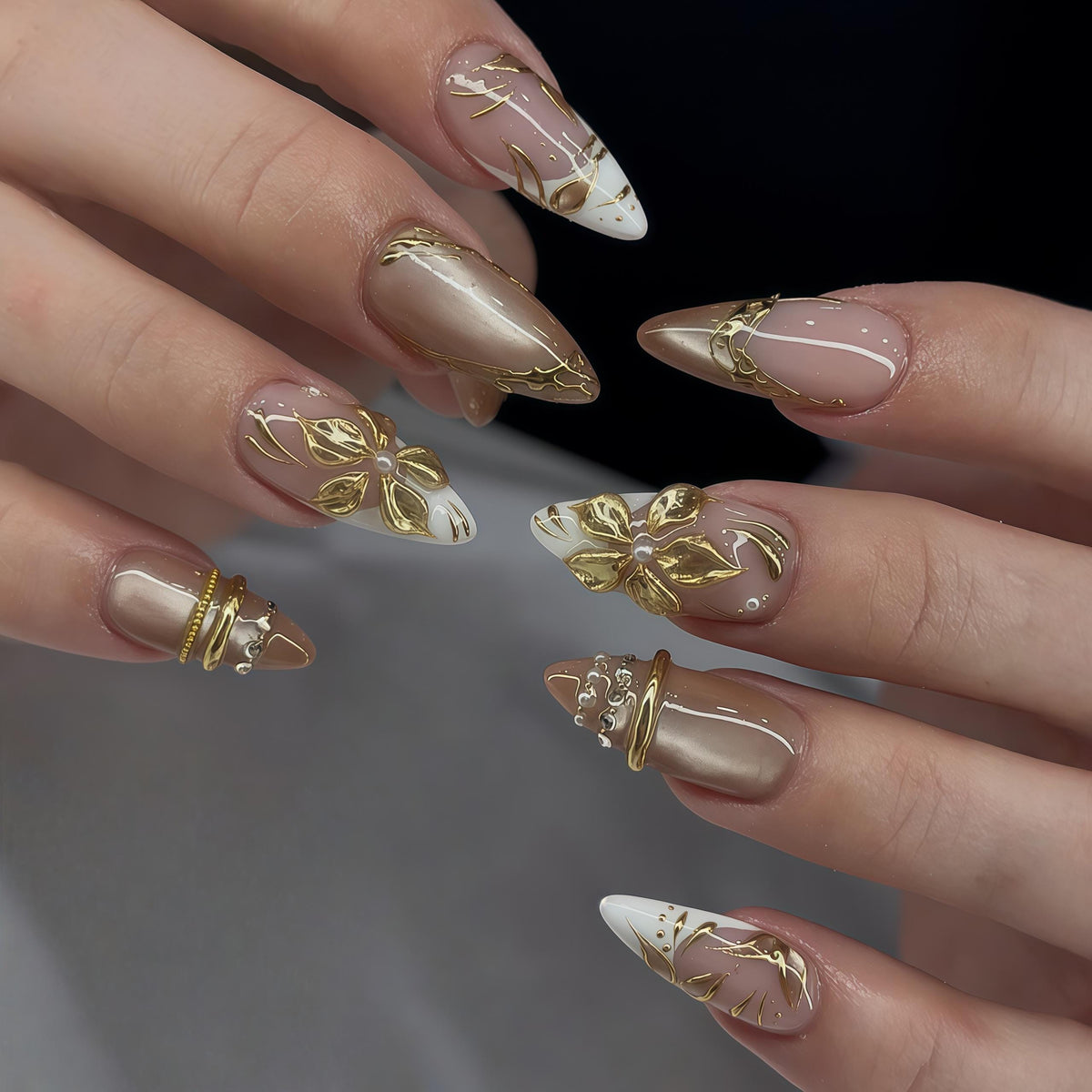 Nude Pink and Beige Cat Eye Nails with Gold Flowers and White Tips
