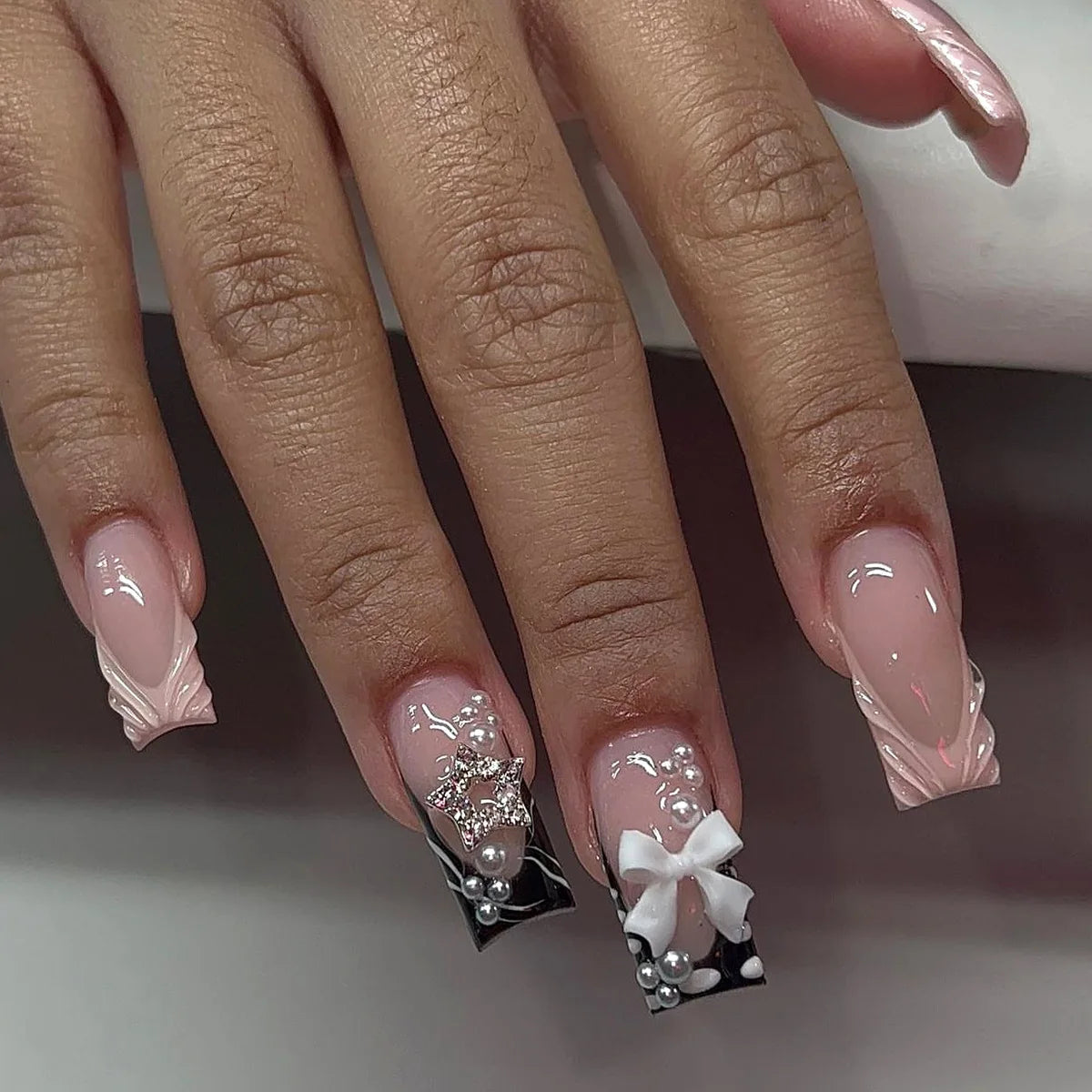 Nude Pink and Black French Tip Nails with 3D Bows, Pearls and Rhinestones