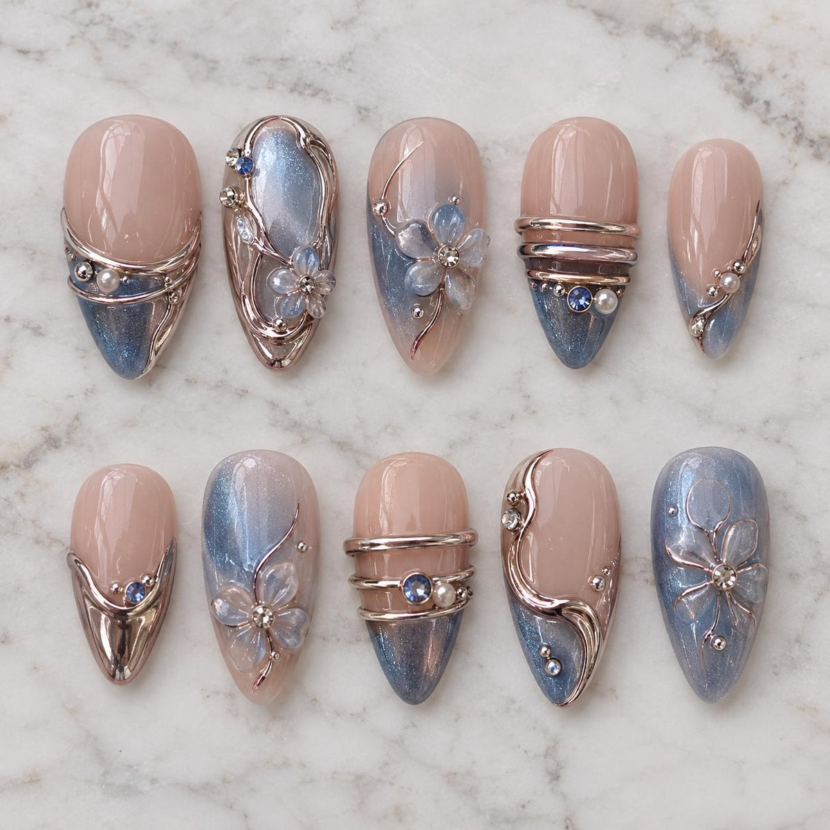 Nude Pink and Blue Chrome Bridal Press-On Nail Set with 3D Flowers and Silver-Tone Details